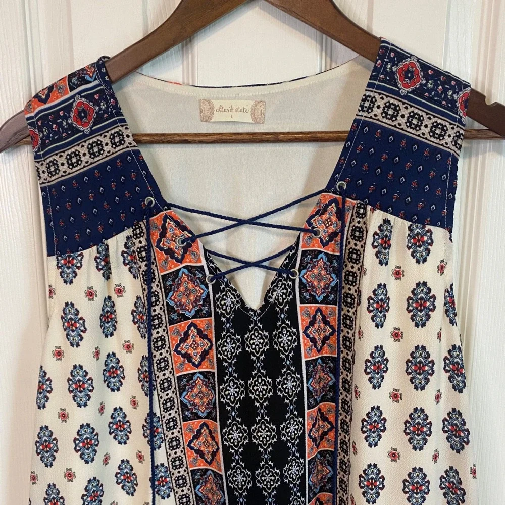 Altar'd State Shift Mini Dress Womens Large Blue Orange Medallion Lace‎ Up Boho